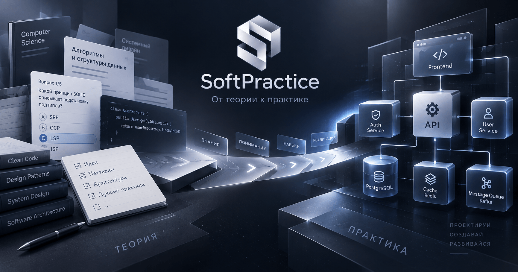 SoftPractice — от теории к практике. Книги и тесты по архитектуре переходят в схему работающего приложения с API, базой данных и очередью.